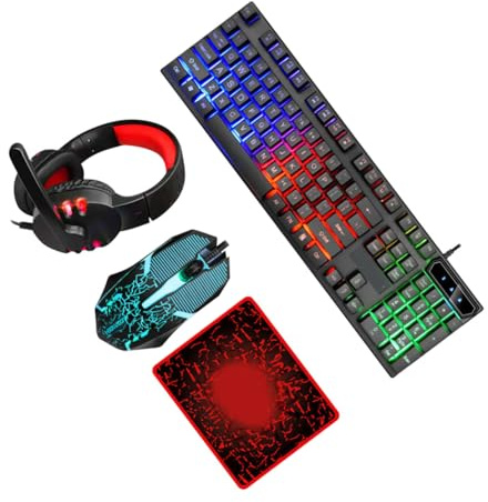 Uonlytech 4-in-1 Wired Backlit Rgb Keyboard Mouse Headset and Mousepad Set Ergonomic USB Computer Accessories for Gaming and Office Use