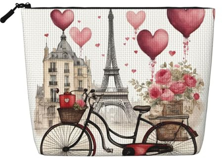 Love Paris Tower Coffee Wine Perfume Bicycle Heart Water Resistant Makeup Bag Fake Hemp, Large Cosmetic Organizer Travel Zippered Pouch