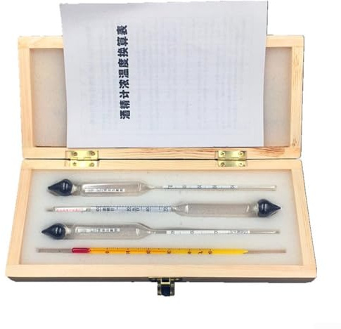 A-lcohol - Juego de medidores, hidrómetro de licor de vidrio y termómetro para pruebas de baijiu o vino, accesorio de equipo de destilación de caja de madera