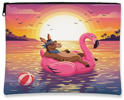 Funny Donkey Makeup Bag, Flamingos Lifebuoys Sea Cosmetic Travel Pouch for Women Girls, Animal Portable Small Canvas Zipper Organizer 7x9 Inch