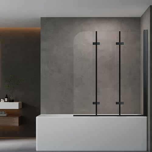 AQUENITH 140x140cm Duschwand für Badewanne 3-teilig Faltbar Duschwand | Schwarz Duschabtrennung Faltwand Badewannenaufsatz aus 6mm EGS Sicherheitsglas,Hebe-Senk-System