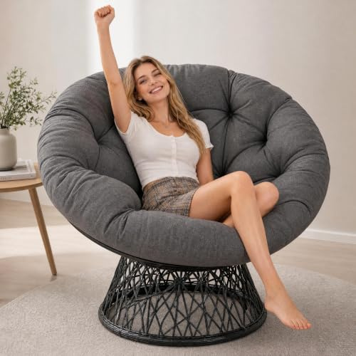 GarveeMore 360° Drehbarer Papasansessel aus Rattan, Drehsessel Runder
