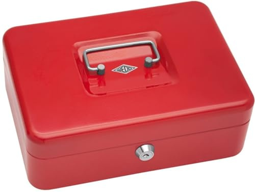 Wedo 145302X Geldkassette (aus pulverbeschichtetem Stahl, versenkbarer Griff, 5-Fächer-Münzeinsatz, Sicherheits-Zylinderschloss, 25 x 18 x 9 cm) rot