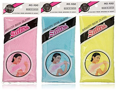 Salux Nylon Japanese Beauty Skin Bath Wash Cloth/Towel (3) Blue Yellow And Pink