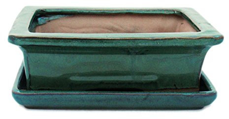 exotenherz Bonsai-Schale mit Unterteller Gr. 3 - Grün - eckig - Modell G29 - L 18cm - B 13cm - H 6cm
