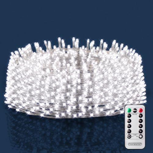 MONZANA® Lichterkette 200 LED 10m kalt-weiß inkl Fernbedienung 8 Leuchtmodi Timer Dimmbar In- & Outdoor Regenkette Lichterkette