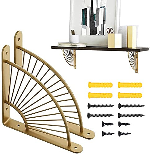 通用 2 Stück Regalhalter in Fächerform in Gold/Schwarz, aus Metall, für Wandregale, Eckregale, Wohnzimmer, Schlafzimmer, Restaurant, zur Dekoration