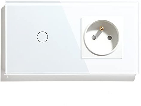 BSEED Prise Murale (Non-WIFI) avec Interrupteur Tactile(WIFI) 1 Gang 1 Voie, Interrupteur Connecté Alexa, Beau et élégant, Panneaux de Verre Résistants au feu et Imperméables, Blanc