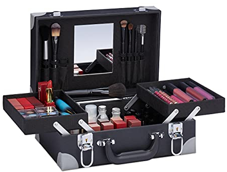 Relaxdays Kosmetikkoffer, Schminkkoffer mit Spiegel, HBT: 13 x 31,5 x 23,5 cm, abschließbar, Beauty Case, schwarz/grau