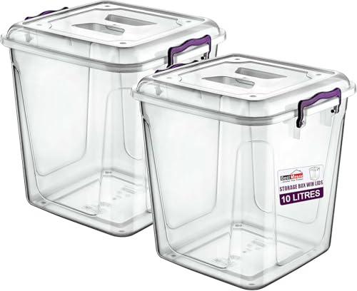 Best House 10 Litres Deep Clear Storage Box Container with Lid Square and Handles, Stackable Organizer Bin for Home, Kitchen, Garage, and Store Cloths, Boots, Toys, Food, and Accessories (Pack of 2)