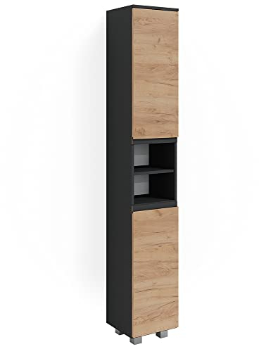 Vicco Badschrank Grau J-Shape 30x190x30 cm - Wäscheschrank, Viel Stauraum von Oben bis unten – ideal für Handtücher & Pflegeprodukte