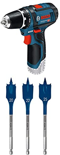 Bosch Professional 12V System Akku Bohrschrauber GSR 12V-15 (ohne Akkus und Ladegerät, im Karton) + 7X Expert SelfCut Speed Flachfräsbohrer Set (für Weichholz, Grobspanplatte, Ø 16-32 mm, Zubehör)