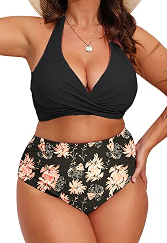 CheChury Women High Waisted Bikini Set Push up Deep V Neck Swimsuits Plus Size Bikini Tops Tummy Control 2 Piece Bathing Suits,Orange,XL