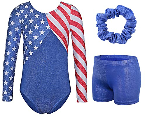TFJH E 3 in 1 Girls Gymnastic Leotard with Shorts Sets Practice Outfits Long SleeveTumbling Wear USA Flag 14A