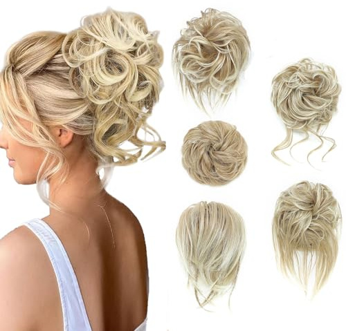 Fulang Hair 5/Pack Haarteil Mit Gummiband, Groß Dutt Haarteil, Gewellt Natürlich Kunsthaar Haargummi Damen Mit Haaren Hochsteckfrisuren Haarverlängerung, Messy Bun Haarteile (5 Stück/Packung) (27/613)