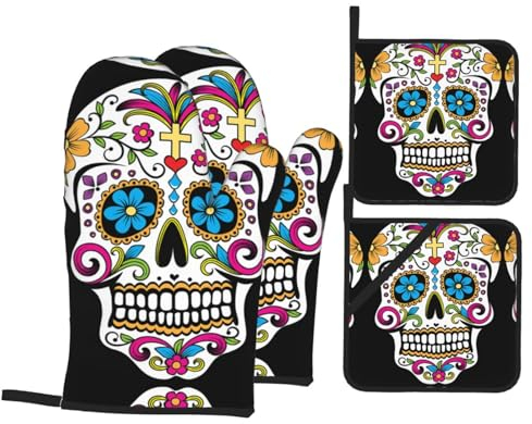 Ofenhandschuhe und Topflappen mit Totenkopf-Aufdruck, 4 Stück, für Küche, Backen, Grillen, Grillen, rutschfeste Kochhandschuhe