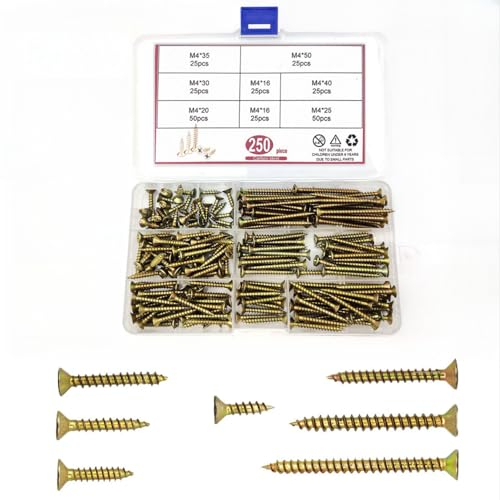 250 Stück M4 selbstschneidende Schrauben Sets, Flachkopf Trockenbauschrauben Kreuzschlitz, selbstbohrende Holzschrauben, verzinkte Schrauben Sortiment - M4x (16/25/30/35/40/50 mm)