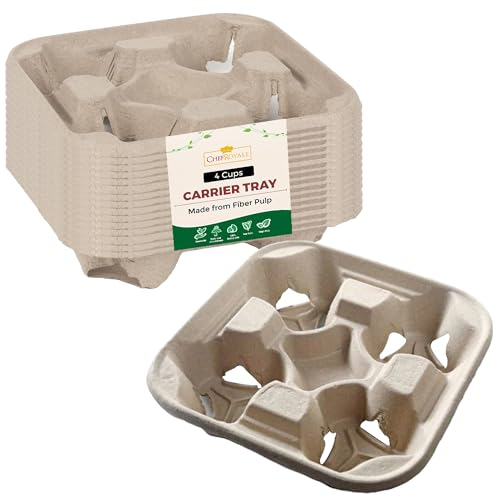 Chef Royale 4 cups holder tray for Tea - Hot & Cold Drinks carry around fold away Biodegradable Disposable cup carrier (PACK OF 20) - Cardboard Tray - (20)