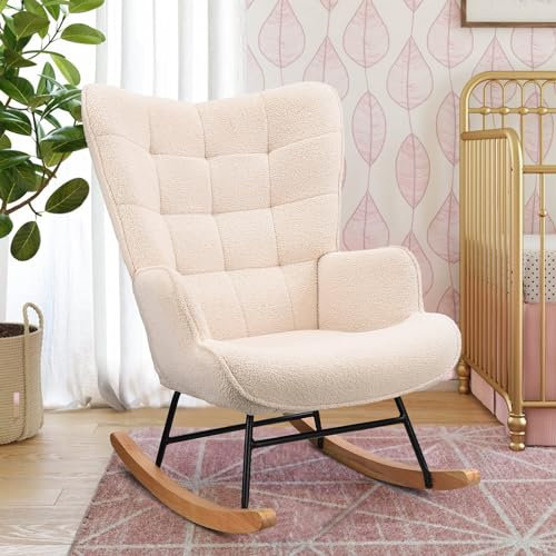 KeepGoon Schaukelstuhl Sessel Relaxsessel Schaukelsessel Wohnzimmersessel Schwingsessel Akzentstuhl für Schlafzimmer, Wohnzimmer Schaukelstuhl aus Teddy-Samt mit Karierter Rückenlehne (Beige)