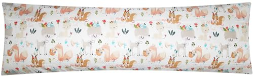 Renforcé Seitenschläferkissen Bezug 40x145cm 100% Baumwolle (KY-Rehe-Fuchs) | Rehe, Fuchs, Vogel, Tiere - Kissenbezug für Kinder - Reißverschluss auf der langen Seite
