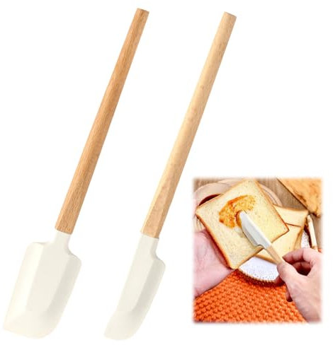 2 Pezzi Spatola Cucina Silicone, Leccapentole Silicone Professionale, con Impugnatura Ergonomica in Legno di Faggio, Rivestimento Antiaderente Resistente al Calore, per Mescolare, Cuocere