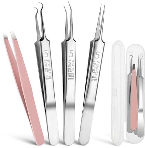 APLZGMG Mitesserentferner Set - 4 Stück Pinzette, Präzisions Extraktor für Pickel und Wimpern