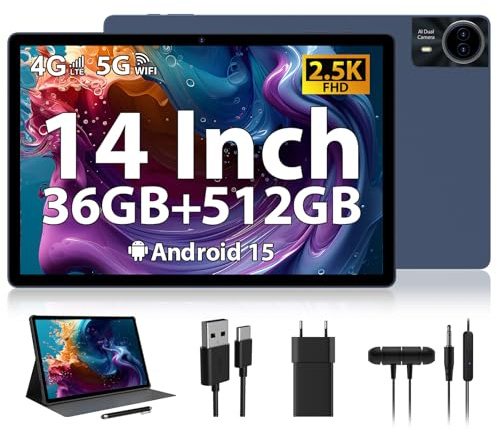 RUSHAR Tablette 14 Pouces Android 15 avec 36Go RAM + 512Go ROM (1TB TF), 4G LTE/SIM+5G WiFi, 11580mAh | 2240 * 1400HD | Octa-Core 2.0GHz | 13MP+8MP | Face ID | BT 5.0, Tablette avec étui, Blu