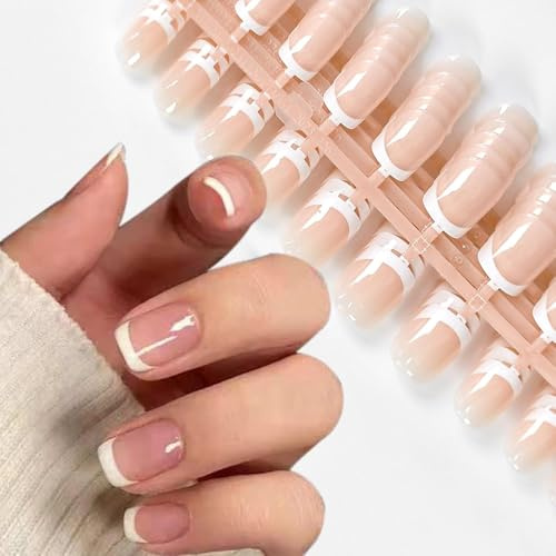 UUKILT 120Pcs White French Tip Press on Nails Short Square Round Fake Nails Full Cover Glossy Nude False Nails Acrylic Nails for Kid Women Girls