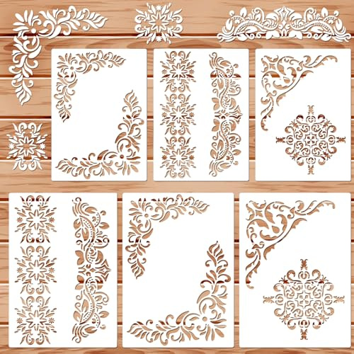 Quilax 6 stencil vintage con bordo floreale per artigianato, stencil damascati riutilizzabili per mobili, legno, tela, carta, tessuto, pavimenti, arte fai da te