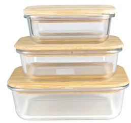 BOITE EN VERRE Lot de 3 boites en verre, couvercles bambou -370 ML, 640 ML & 1050 ML