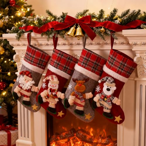 Mineup Christmas Stocking Set of 4, 16 inch Large Xmas Stockings, Large Santa Stocking with Santa Claus, Snowman, Elk, Bear Family Pack Stockings for Xmas Holiday Family Party Decorations（4pcs）