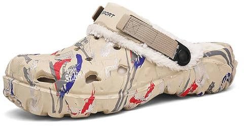 CERYTHRINA Sabots d’Hiver Doublés Fourrés Homme Femme Chaussons Chauds en Fausse Fourrure, Pantoufles Intérieur Extérieur, Sabots Jardin Antidérapants EVA avec Bride Khaki 44