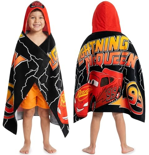 Disney Pixar Cars Bath Towels with Hood for Boys, Ages 2-6, Lightning McQueen Soft and Absorbent Hooded Cotton Beach Towel Wrap, Swimming Pool Poncho, Gifts for Boys (Red/Black Cars)
