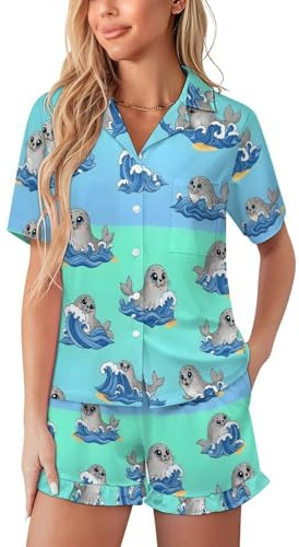 VKPSCHJ Pajama Set for Women Short Sleeve Cute Seal Wave Womens Pj Lounge Sets, XL