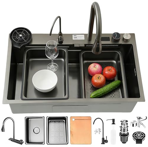 Fregadero de cocina de 75 x 45 cm, acero inoxidable, fregadero de cocina grande, 1 lavabo empotrado, lavabo multifunción, con grifo, escurridor, desagüe y kit de rebosadero (fregadero de cocina)
