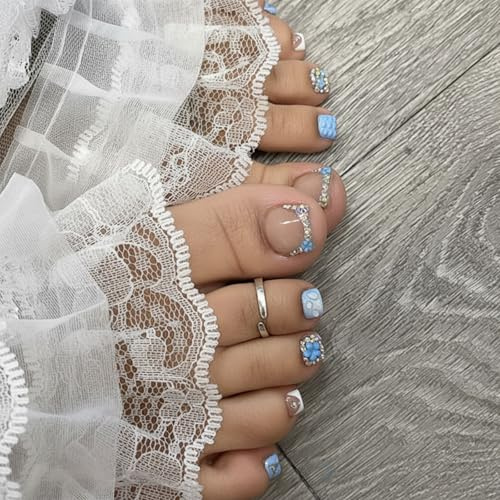 LunarCharm 24 Stück Blaue Blumenmuster French Tip Aufdrucknägel für Füße – Press on Nails Füße, quadratische kurze künstliche Nägel, Fußnägel zum Aufkleben mit rosa Schleife