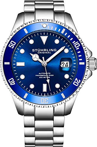 Stuhrling Original Edition Tiefblau Zifferblatt Selbstaufziebar Herren-Taucheruhr 200M Wasserdicht einseitig drehbare Lünette Solide Edelstahl Armband Verschraubte Mode Krone Sportuhr