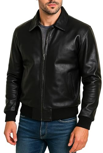 Fashion_First Black Leather Bomber Jacket Mens Casual Leather Jackets