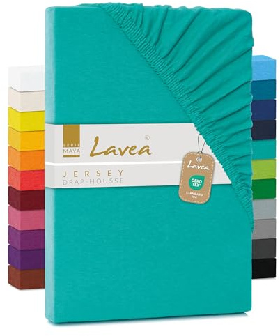 Lavea® Spannbettlaken 140x200cm-160x200 - aus atmungsaktiver Baumwolle - Passgenau für Standardmatratzen bis 20cm - Türkises Bettlaken mit Gummizug - Jersey Spannbetttuch 140x200cm-160x200