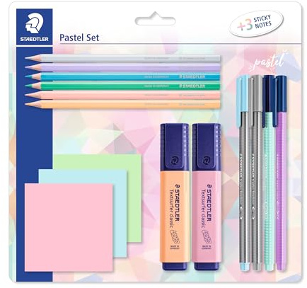 STAEDTLER Pastell Set zum Markieren, Schreiben und Malen, mit Buntstiften, Finelinern, Filzstiften, Textmarkern und 3 Haftnotizblöcken, in hoher Qualität, 61 SBK2 PA