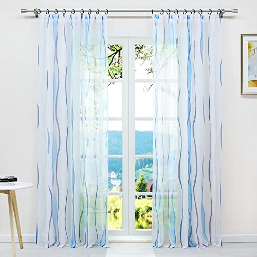 ESLIR Gardinen mit Kräuselband Vorhänge Gardinenschals Transparent Schlaufenschal Wellen Muster Voile Blau BxH 140x175cm 1 Stück