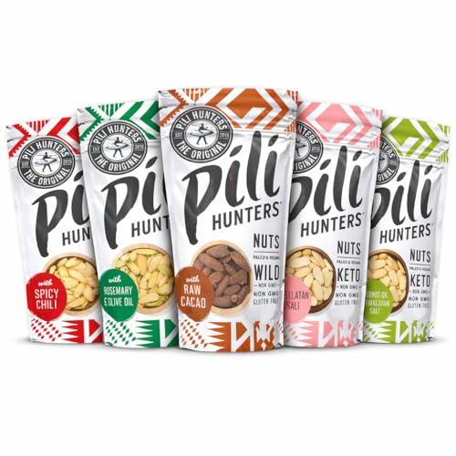 Pili Hunters - Wild Sprouted Pili Nuts (Pack of 5, 1.85 oz Bags) Variety Flavors (Pink Himalayan Salt, Raw Cacao, Rosemary, Avocado Oil, Coconut Oil) Vegan, Keto, Paleo Snack for Low Carb Energy