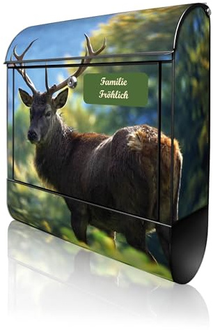 banjado Design Briefkasten personalisiert 38,5x46,5x13cm & 2 Schlüssel - Briefkasten Stahl Schwarz Zeitungsfach pulverbeschichtet - Postkasten A4 Einwurf inkl. Montagematerial - Motiv Hirsch