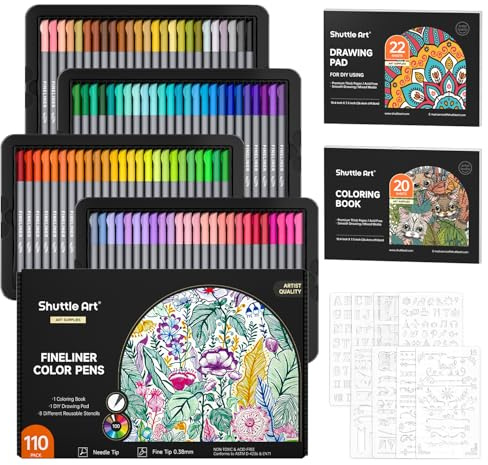 Shuttle Art Stylos Fineliners, 100 Couleurs Stylo Feutre Pointe Fine (0.4mm) avec 8 Pochoirs et 2 Livres de Coloriages pour Dessin de Précision,Écriture,Marque