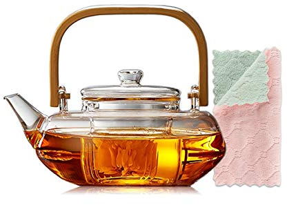 Théière en verre avec infuseur en verre, théière avec filtre pour thé en vrac, sans danger sur la cuisinière, théière avec poignée en bambou (800 ml)