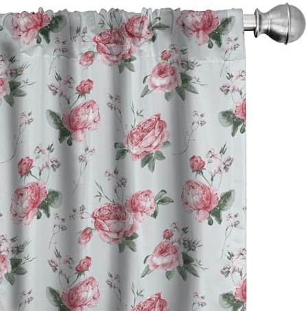 ABAKUHAUS Rose Fenstervorhänge, Rosa Blüten-Englisch Flora, Leichtes Dekor-2-Panel-Set mit Stangentasche, 2 Stück 150 cm x 245 cm,Reseda Grün