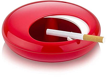 Fantes Cenicero portátil con tapa giratoria novedad regalo decoración cenicero bandeja para sala de estar, oficina, interior y exterior (pequeño-rojo+blanco)