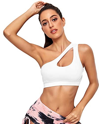 Vertvie Damen One Shoulder Sport BH Sexy Bügellos Workout Bra Gepolstert Tank BH Push Up Bequem Yoga Bralette Fitness Training Mittlere Unterstützung(Weiß，M)