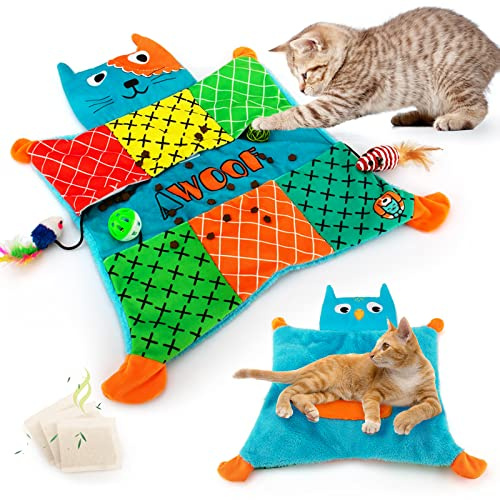 Awoof Soft Catnip Activity Mat, Machine Washable Cat Blanket with 7 Pockets for Small, Medium & Large Cats - Warm & Interactive