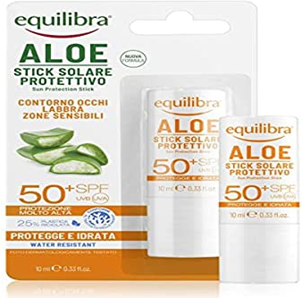 Equilibra Solari, Aloe Stick Solare Protettivo SPF 50+, Stick Solare a Base di Aloe Vera per Proteggere le Zone Sensibili, per Contorno Occhi, Labbra, Naso, Orecchie, Tatuaggi, Nei e Macchie, 12 ml